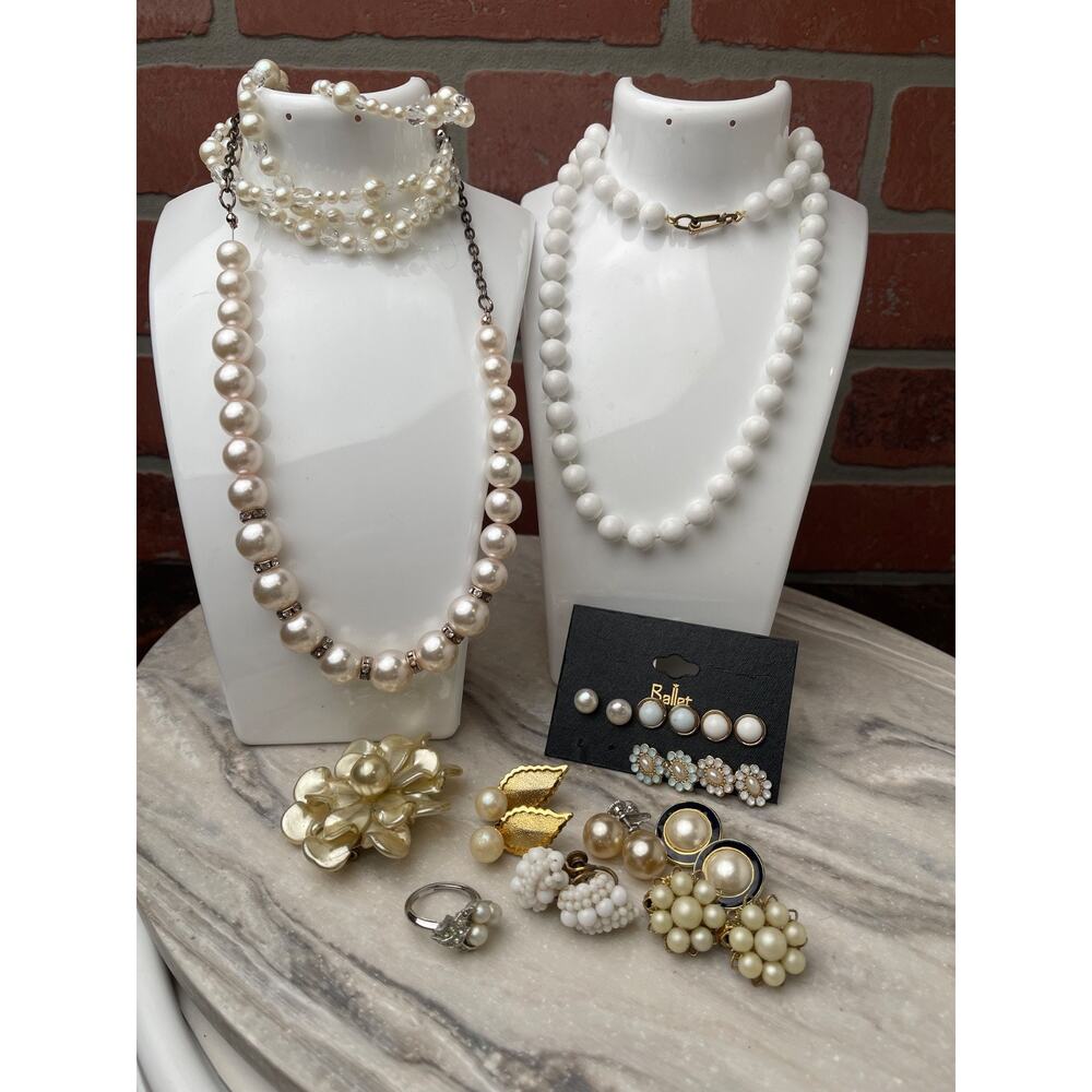 VTG Pearl Jewelry Lot MCM Gold Tone Earrings Brooch Necklace Coquette Glam